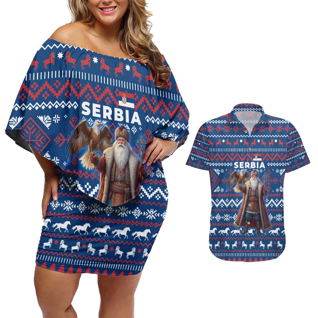 Serbia Christmas Couples Matching Off Shoulder Short Dress and Hawaiian Shirt with Traditional Santa Eagle Serbian Coat of Arms and Blue Red White Folk Pattern Design - Wonder Print Shop