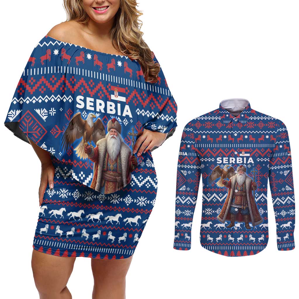 Serbia Christmas Couples Matching Off Shoulder Short Dress and Long Sleeve Button Shirt with Traditional Santa Eagle Serbian Coat of Arms and Blue Red White Folk Pattern Design - Wonder Print Shop