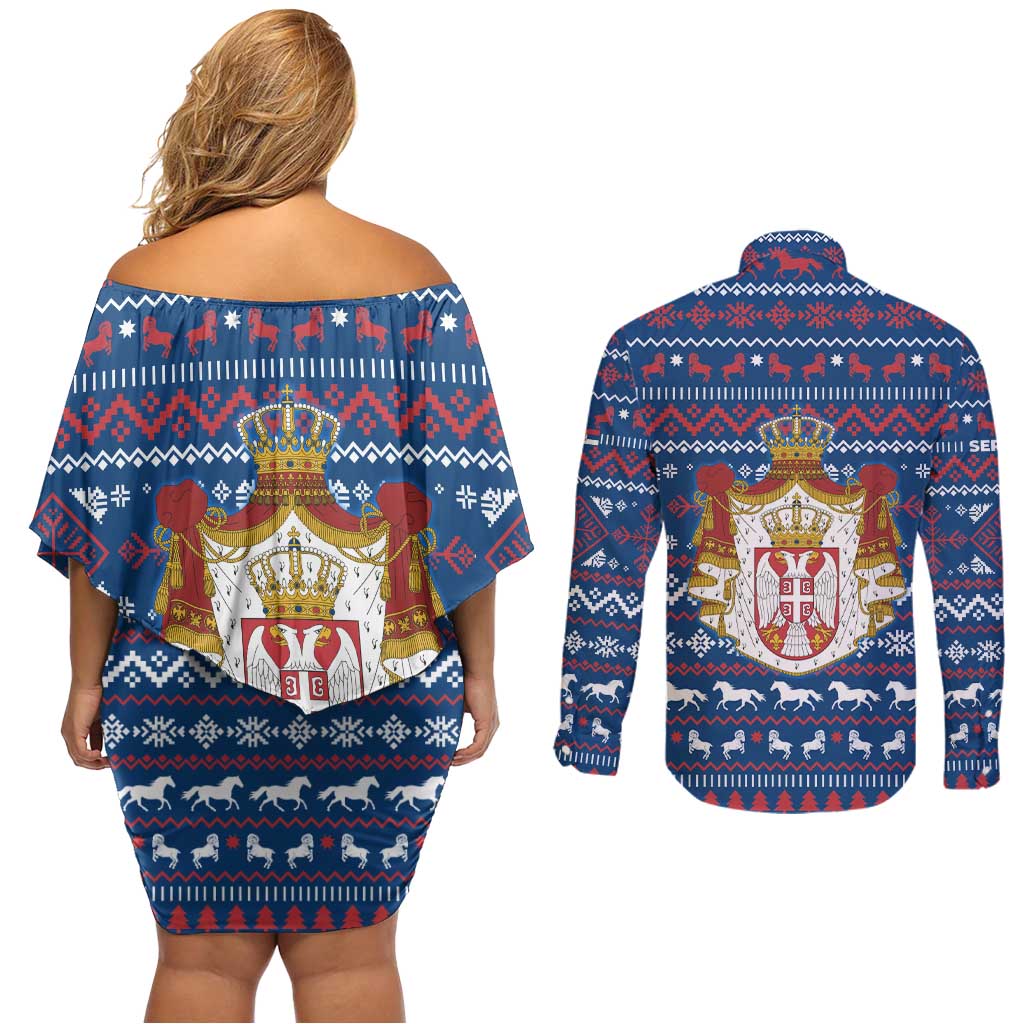 Serbia Christmas Couples Matching Off Shoulder Short Dress and Long Sleeve Button Shirt with Traditional Santa Eagle Serbian Coat of Arms and Blue Red White Folk Pattern Design - Wonder Print Shop