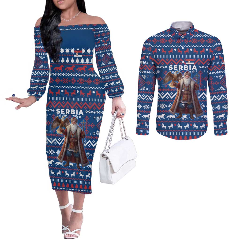 Serbia Christmas Couples Matching Off The Shoulder Long Sleeve Dress and Long Sleeve Button Shirt with Traditional Santa Eagle Serbian Coat of Arms and Blue Red White Folk Pattern Design - Wonder Print Shop