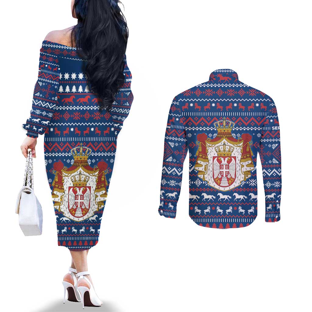 Serbia Christmas Couples Matching Off The Shoulder Long Sleeve Dress and Long Sleeve Button Shirt with Traditional Santa Eagle Serbian Coat of Arms and Blue Red White Folk Pattern Design - Wonder Print Shop