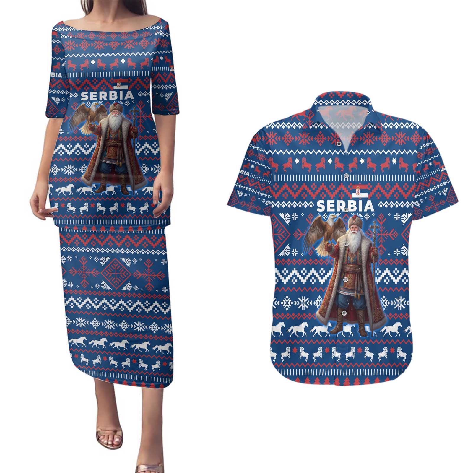 Serbia Christmas Couples Matching Puletasi and Hawaiian Shirt with Traditional Santa Eagle Serbian Coat of Arms and Blue Red White Folk Pattern Design - Wonder Print Shop