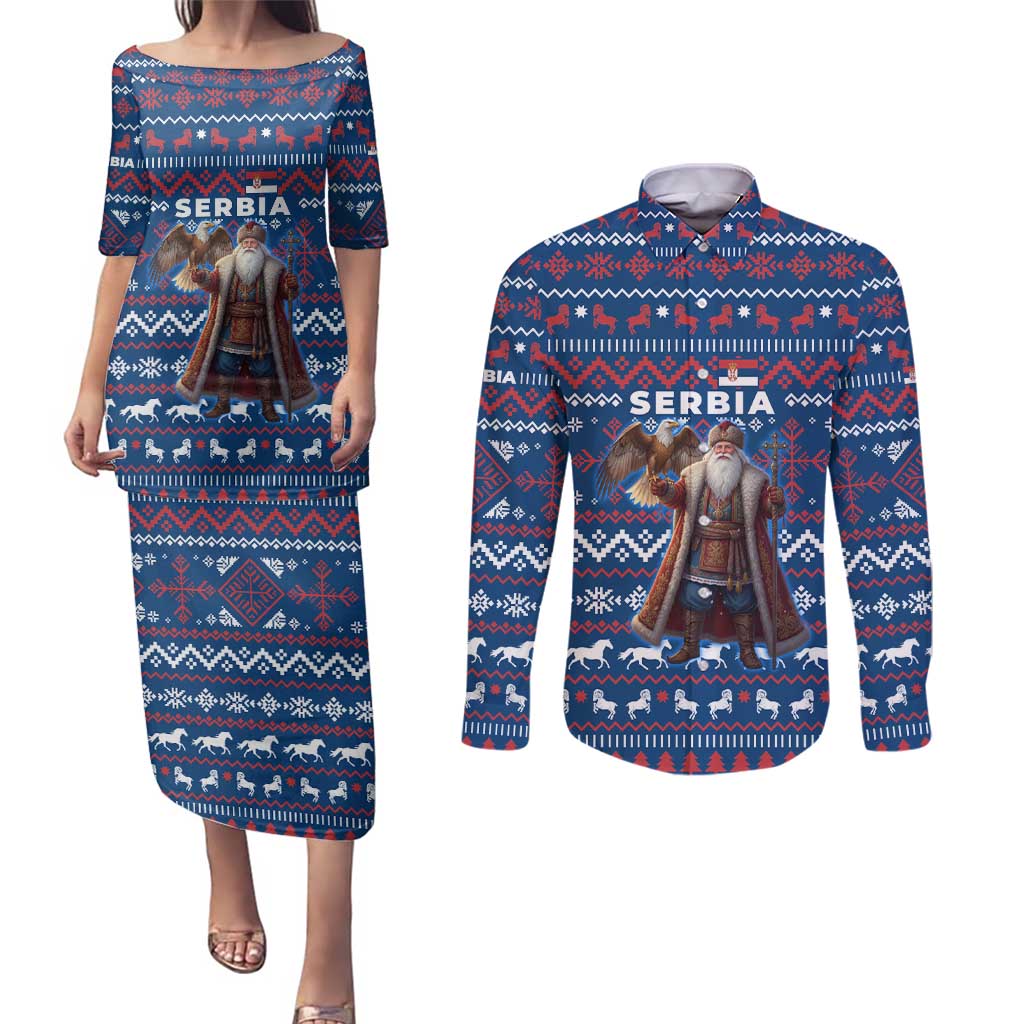 Serbia Christmas Couples Matching Puletasi and Long Sleeve Button Shirt with Traditional Santa Eagle Serbian Coat of Arms and Blue Red White Folk Pattern Design - Wonder Print Shop
