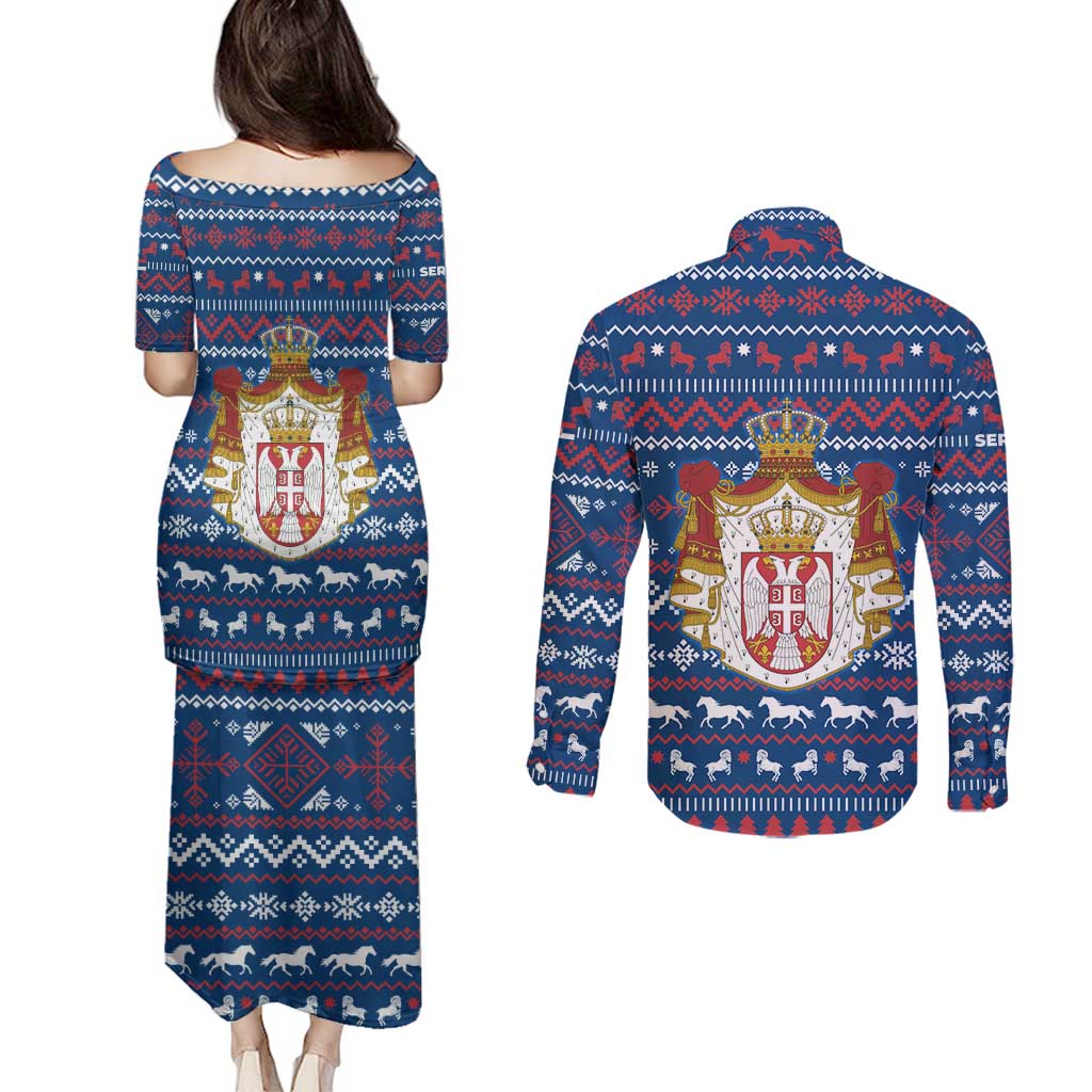 Serbia Christmas Couples Matching Puletasi and Long Sleeve Button Shirt with Traditional Santa Eagle Serbian Coat of Arms and Blue Red White Folk Pattern Design - Wonder Print Shop
