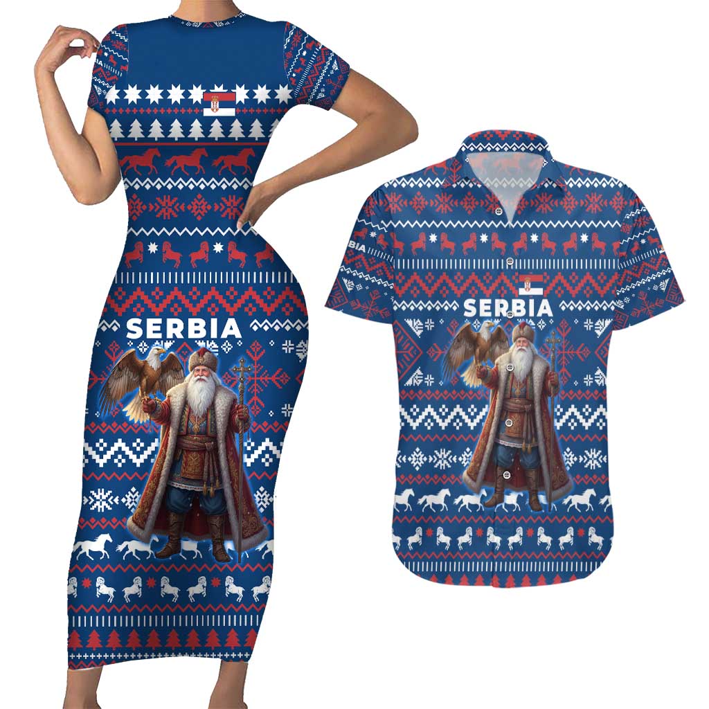 Serbia Christmas Couples Matching Short Sleeve Bodycon Dress and Hawaiian Shirt with Traditional Santa Eagle Serbian Coat of Arms and Blue Red White Folk Pattern Design - Wonder Print Shop