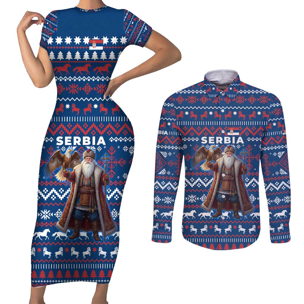 Serbia Christmas Couples Matching Short Sleeve Bodycon Dress and Long Sleeve Button Shirt with Traditional Santa Eagle Serbian Coat of Arms and Blue Red White Folk Pattern Design - Wonder Print Shop