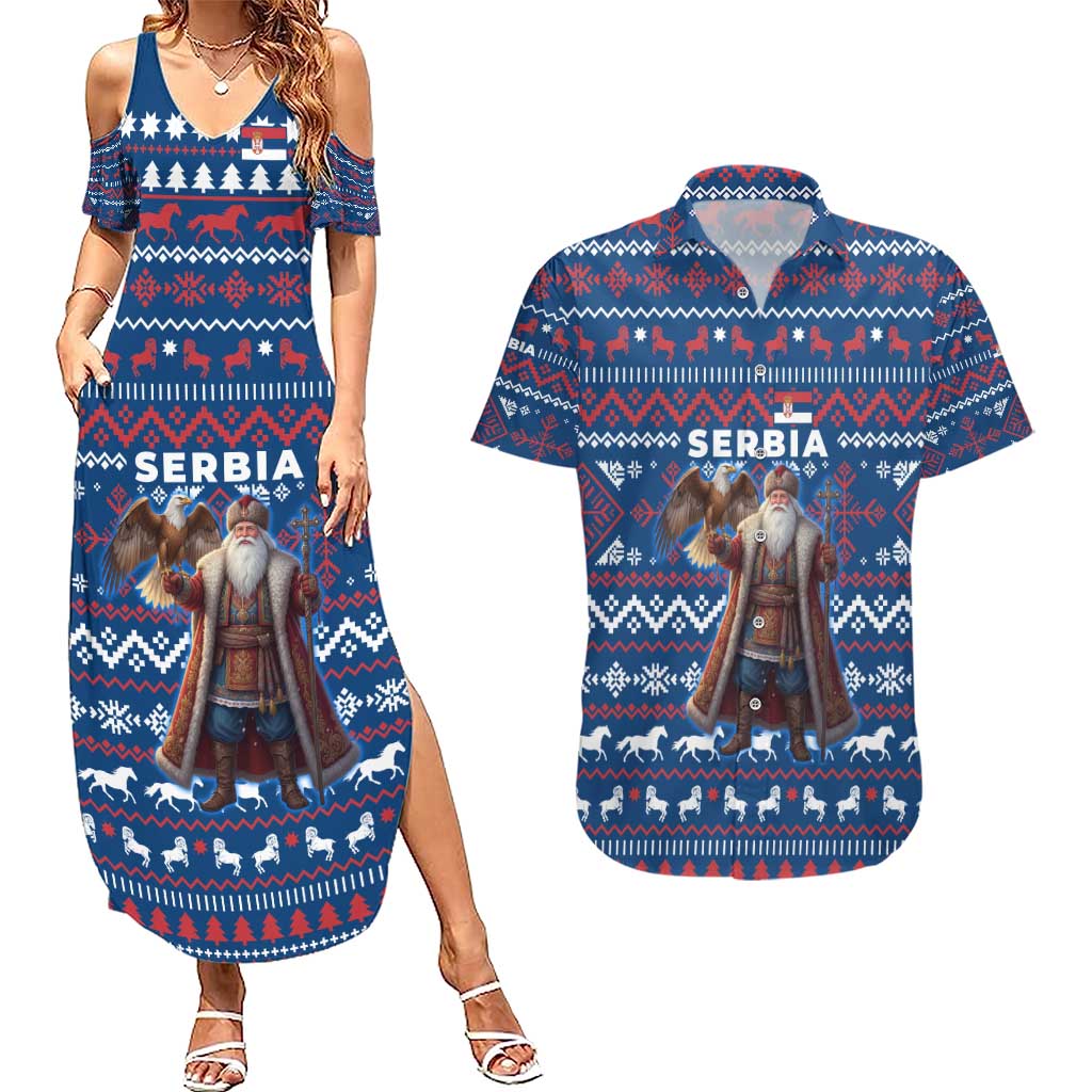 Serbia Christmas Couples Matching Summer Maxi Dress and Hawaiian Shirt with Traditional Santa Eagle Serbian Coat of Arms and Blue Red White Folk Pattern Design - Wonder Print Shop