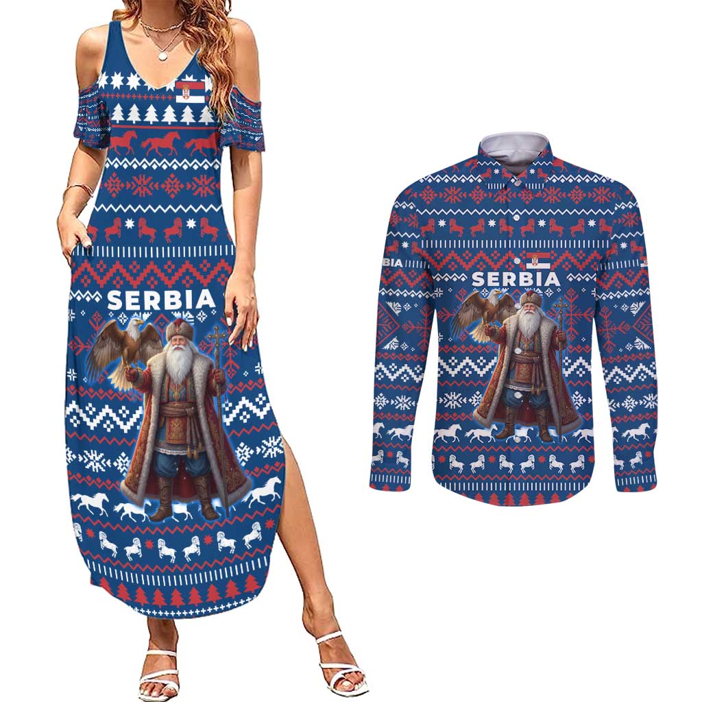 Serbia Christmas Couples Matching Summer Maxi Dress and Long Sleeve Button Shirt with Traditional Santa Eagle Serbian Coat of Arms and Blue Red White Folk Pattern Design - Wonder Print Shop