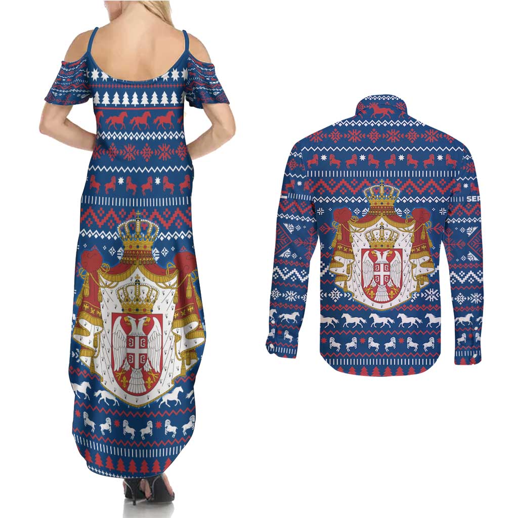Serbia Christmas Couples Matching Summer Maxi Dress and Long Sleeve Button Shirt with Traditional Santa Eagle Serbian Coat of Arms and Blue Red White Folk Pattern Design - Wonder Print Shop