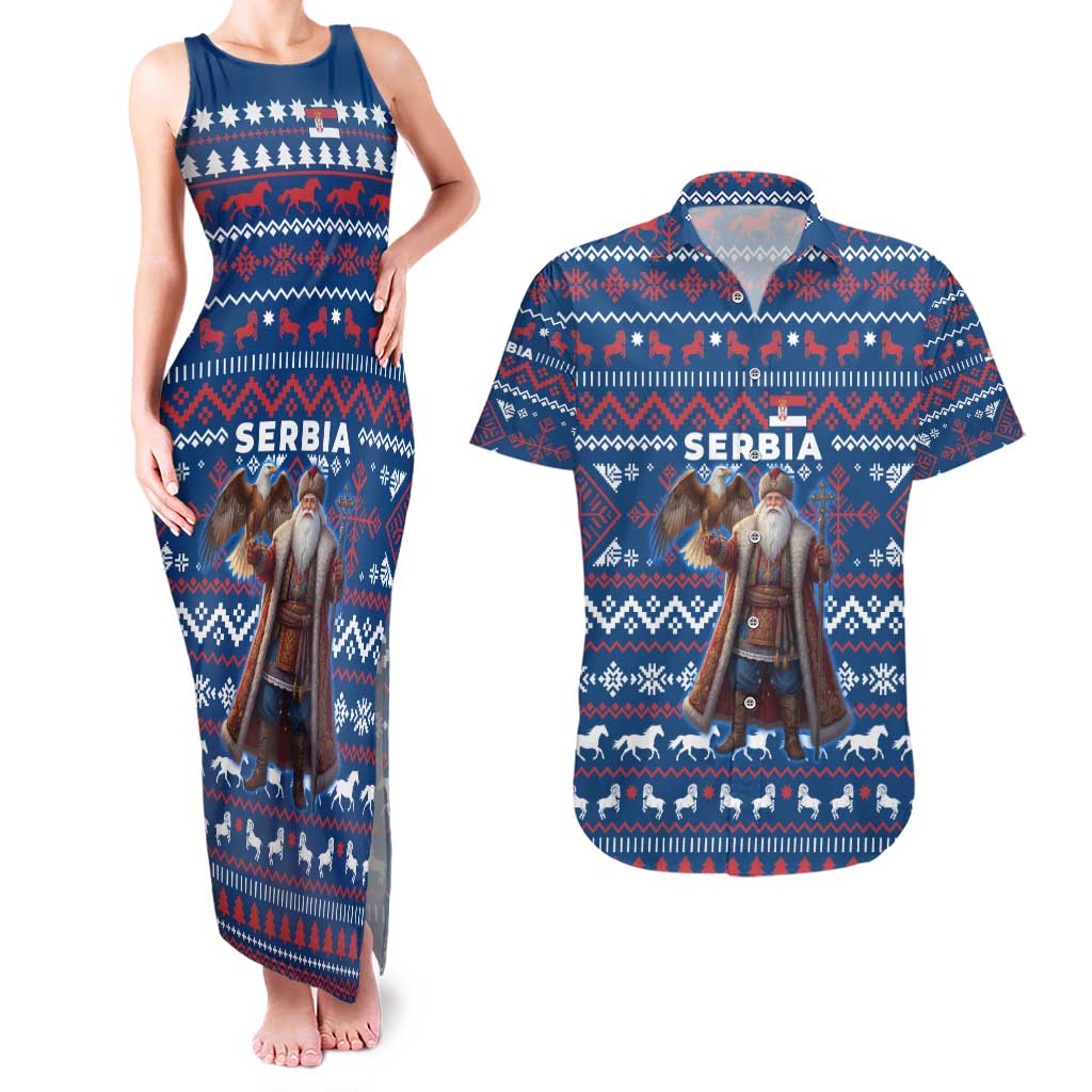 Serbia Christmas Couples Matching Tank Maxi Dress and Hawaiian Shirt with Traditional Santa Eagle Serbian Coat of Arms and Blue Red White Folk Pattern Design - Wonder Print Shop