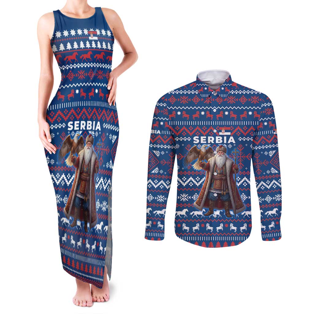 Serbia Christmas Couples Matching Tank Maxi Dress and Long Sleeve Button Shirt with Traditional Santa Eagle Serbian Coat of Arms and Blue Red White Folk Pattern Design - Wonder Print Shop