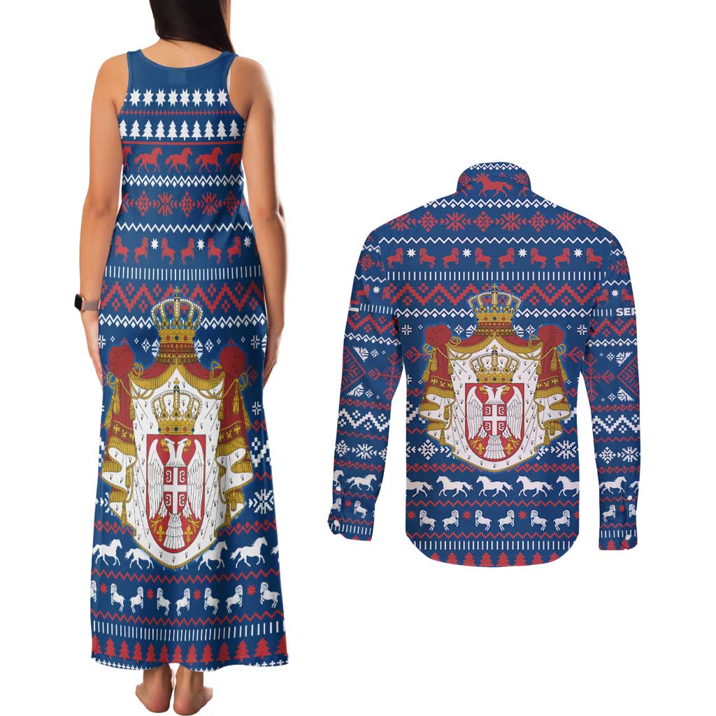 Serbia Christmas Couples Matching Tank Maxi Dress and Long Sleeve Button Shirt with Traditional Santa Eagle Serbian Coat of Arms and Blue Red White Folk Pattern Design - Wonder Print Shop