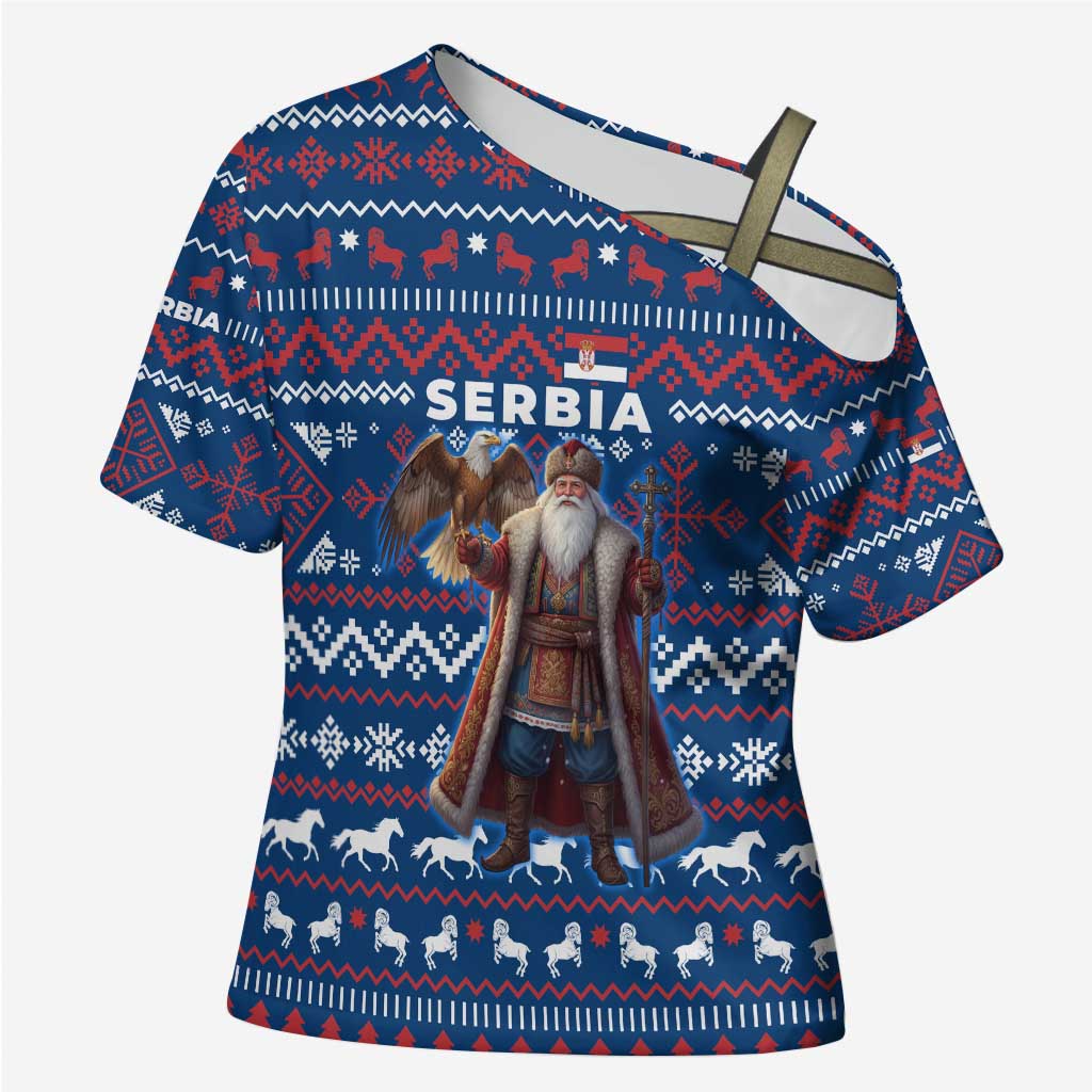 Serbia Christmas Cross Shoulder Shirt with Traditional Santa Eagle Serbian Coat of Arms and Blue Red White Folk Pattern Design - Wonder Print Shop