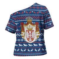 Serbia Christmas Cross Shoulder Shirt with Traditional Santa Eagle Serbian Coat of Arms and Blue Red White Folk Pattern Design - Wonder Print Shop