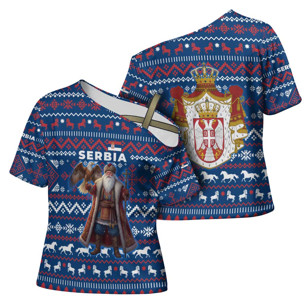 Serbia Christmas Cross Shoulder Shirt with Traditional Santa Eagle Serbian Coat of Arms and Blue Red White Folk Pattern Design - Wonder Print Shop