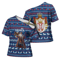 Serbia Christmas Cross Shoulder Shirt with Traditional Santa Eagle Serbian Coat of Arms and Blue Red White Folk Pattern Design - Wonder Print Shop