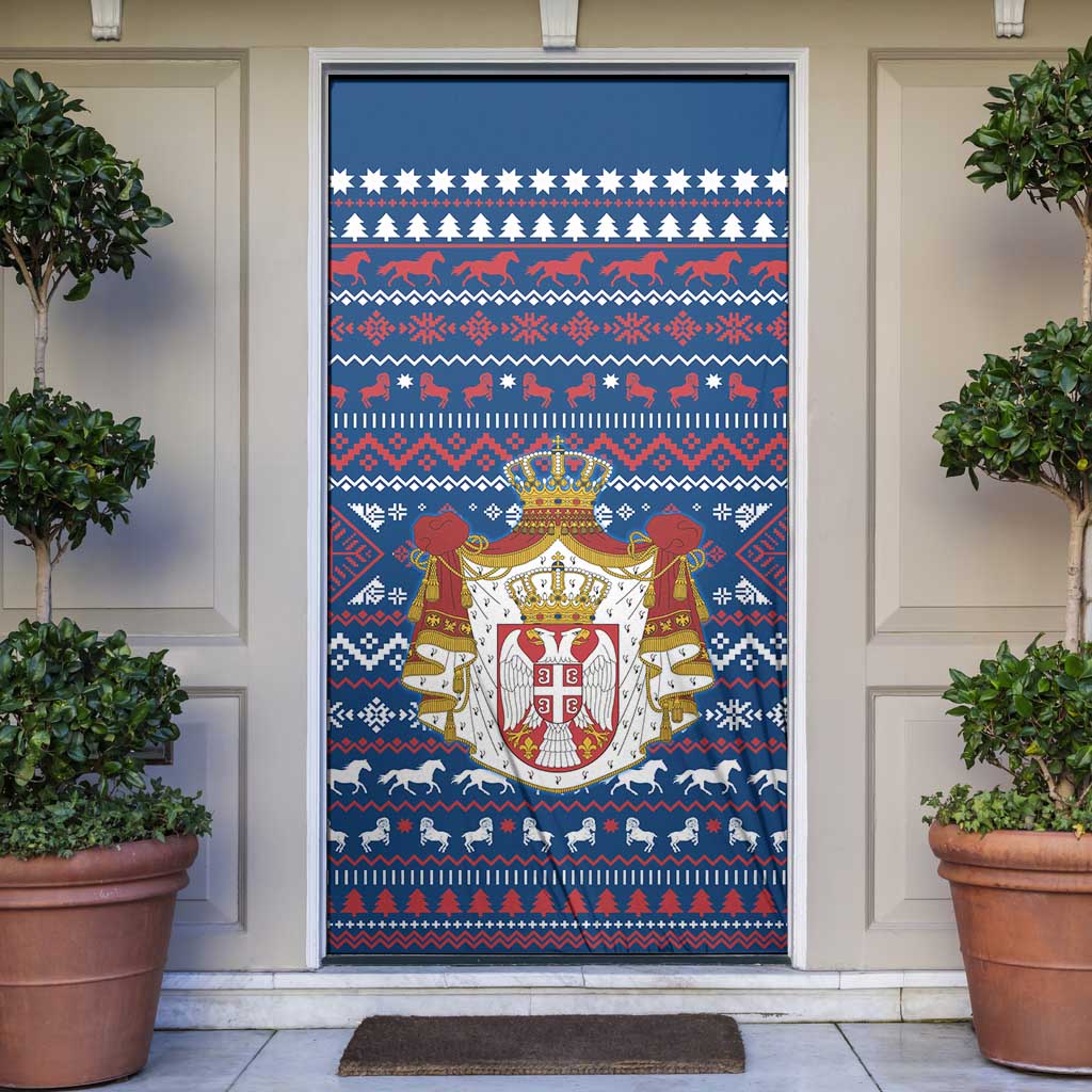 Serbia Christmas Door Cover with Traditional Santa Eagle Serbian Coat of Arms and Blue Red White Folk Pattern Design - Wonder Print Shop