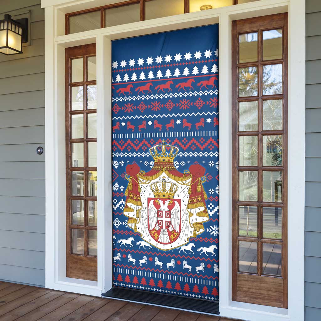 Serbia Christmas Door Cover with Traditional Santa Eagle Serbian Coat of Arms and Blue Red White Folk Pattern Design - Wonder Print Shop