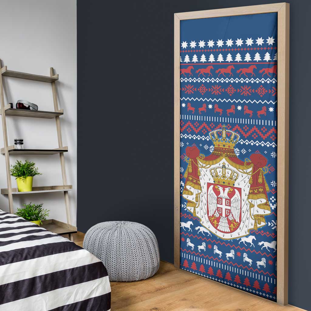 Serbia Christmas Door Cover with Traditional Santa Eagle Serbian Coat of Arms and Blue Red White Folk Pattern Design - Wonder Print Shop