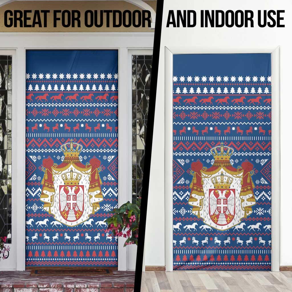 Serbia Christmas Door Cover with Traditional Santa Eagle Serbian Coat of Arms and Blue Red White Folk Pattern Design - Wonder Print Shop