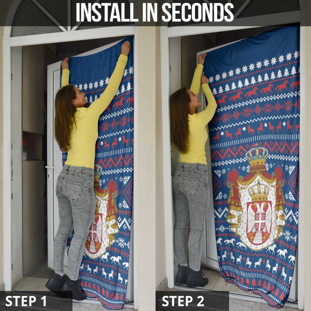 Serbia Christmas Door Cover with Traditional Santa Eagle Serbian Coat of Arms and Blue Red White Folk Pattern Design - Wonder Print Shop