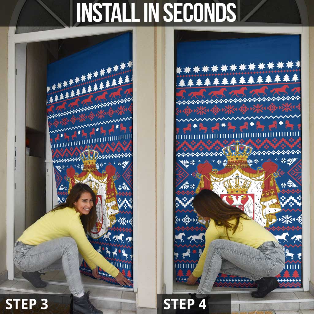 Serbia Christmas Door Cover with Traditional Santa Eagle Serbian Coat of Arms and Blue Red White Folk Pattern Design - Wonder Print Shop