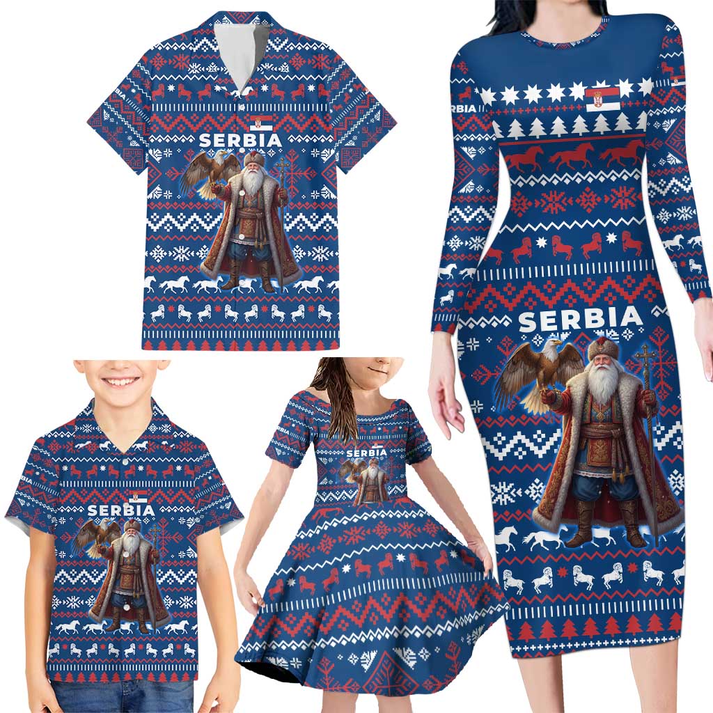 Serbia Christmas Family Matching Long Sleeve Bodycon Dress and Hawaiian Shirt with Traditional Santa Eagle Serbian Coat of Arms and Blue Red White Folk Pattern Design - Wonder Print Shop