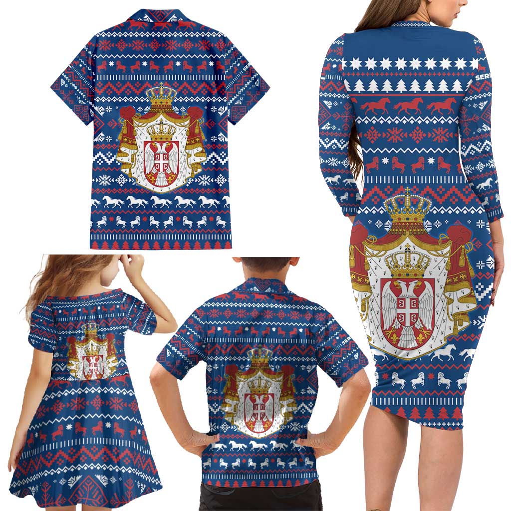 Serbia Christmas Family Matching Long Sleeve Bodycon Dress and Hawaiian Shirt with Traditional Santa Eagle Serbian Coat of Arms and Blue Red White Folk Pattern Design - Wonder Print Shop