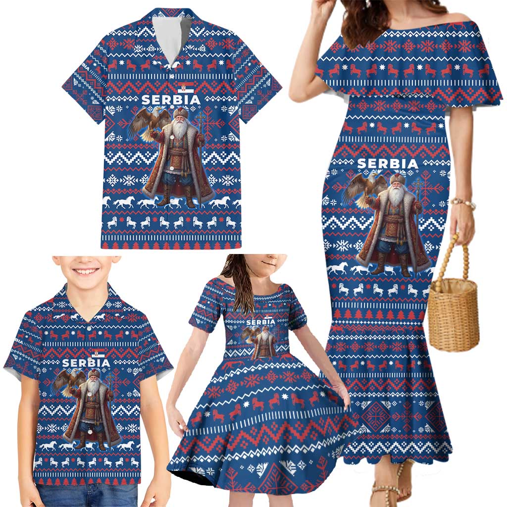 Serbia Christmas Family Matching Mermaid Dress and Hawaiian Shirt with Traditional Santa Eagle Serbian Coat of Arms and Blue Red White Folk Pattern Design - Wonder Print Shop