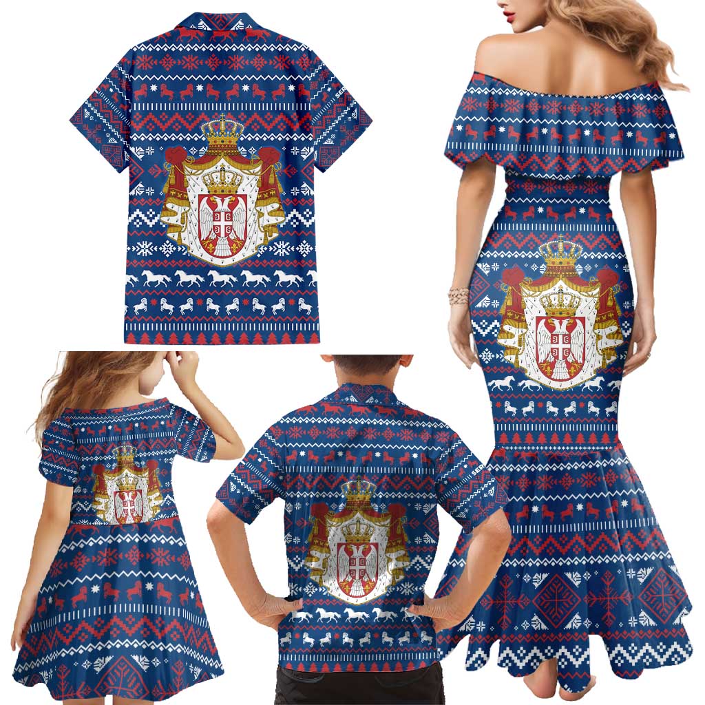 Serbia Christmas Family Matching Mermaid Dress and Hawaiian Shirt with Traditional Santa Eagle Serbian Coat of Arms and Blue Red White Folk Pattern Design - Wonder Print Shop