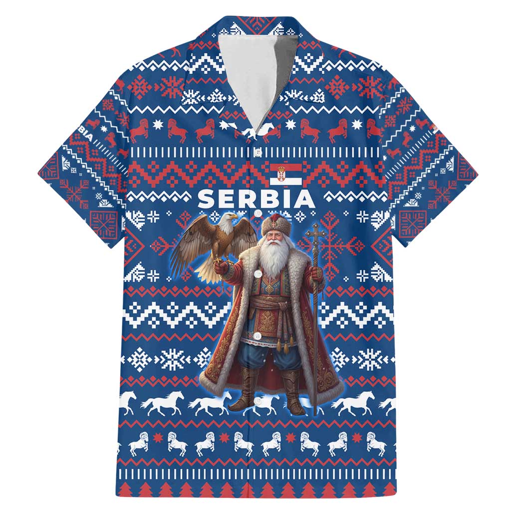 Serbia Christmas Family Matching Mermaid Dress and Hawaiian Shirt with Traditional Santa Eagle Serbian Coat of Arms and Blue Red White Folk Pattern Design - Wonder Print Shop