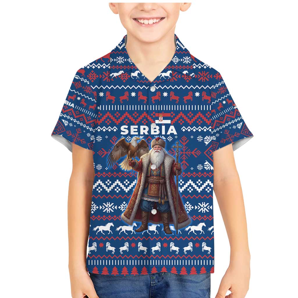 Serbia Christmas Family Matching Mermaid Dress and Hawaiian Shirt with Traditional Santa Eagle Serbian Coat of Arms and Blue Red White Folk Pattern Design - Wonder Print Shop