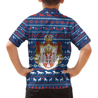 Serbia Christmas Family Matching Off The Shoulder Long Sleeve Dress and Hawaiian Shirt with Traditional Santa Eagle Serbian Coat of Arms and Blue Red White Folk Pattern Design - Wonder Print Shop