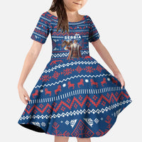 Serbia Christmas Family Matching Off The Shoulder Long Sleeve Dress and Hawaiian Shirt with Traditional Santa Eagle Serbian Coat of Arms and Blue Red White Folk Pattern Design - Wonder Print Shop