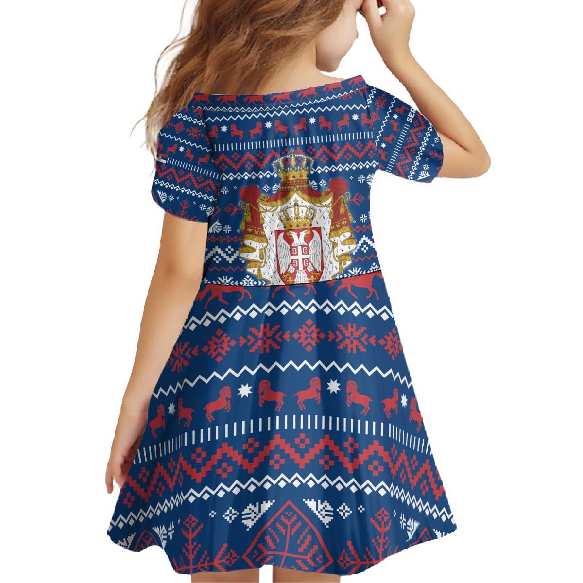 Serbia Christmas Family Matching Off The Shoulder Long Sleeve Dress and Hawaiian Shirt with Traditional Santa Eagle Serbian Coat of Arms and Blue Red White Folk Pattern Design - Wonder Print Shop