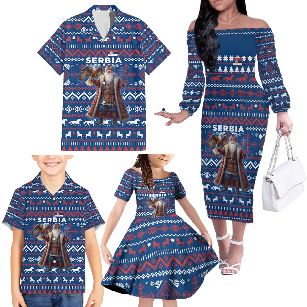 Serbia Christmas Family Matching Off The Shoulder Long Sleeve Dress and Hawaiian Shirt with Traditional Santa Eagle Serbian Coat of Arms and Blue Red White Folk Pattern Design - Wonder Print Shop