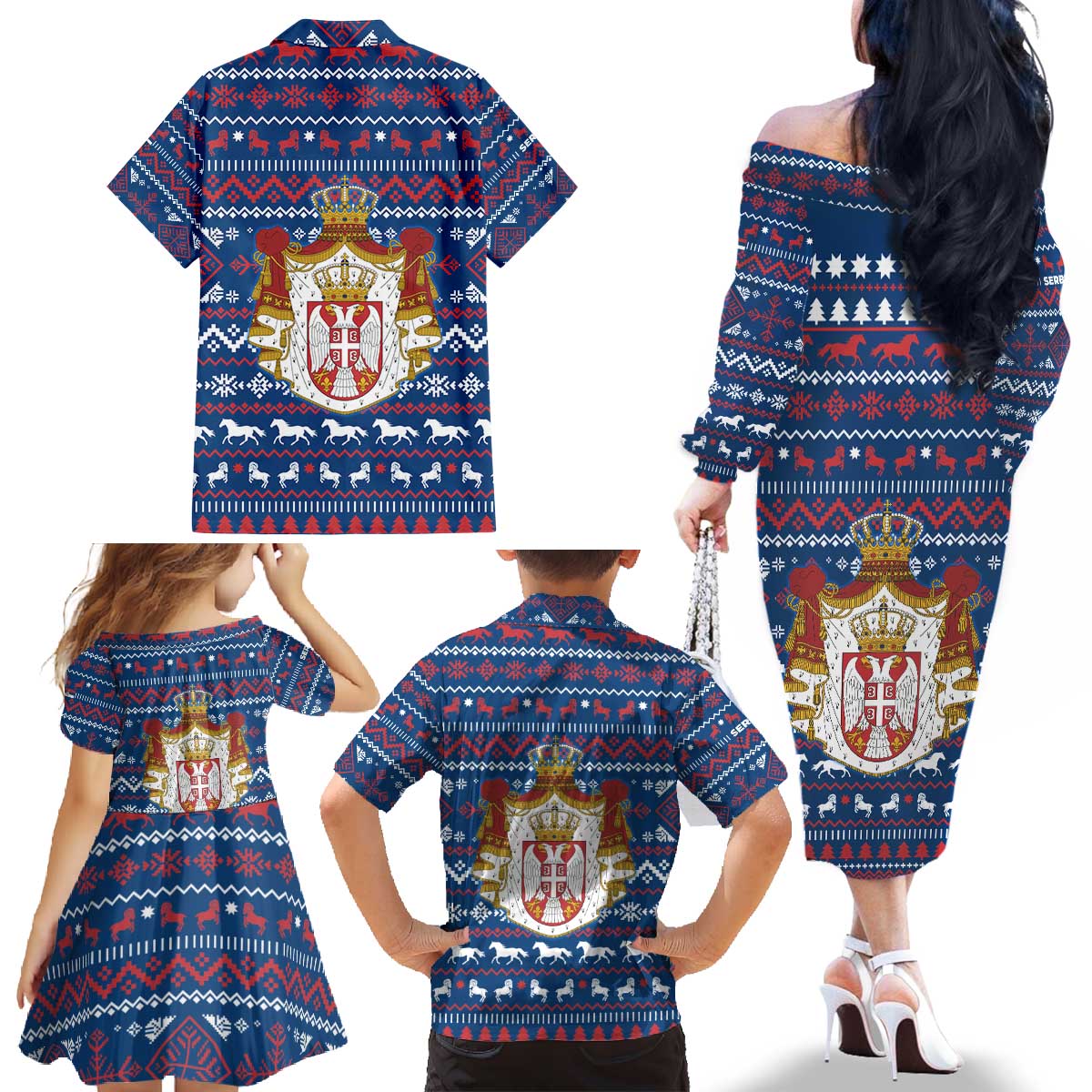 Serbia Christmas Family Matching Off The Shoulder Long Sleeve Dress and Hawaiian Shirt with Traditional Santa Eagle Serbian Coat of Arms and Blue Red White Folk Pattern Design - Wonder Print Shop