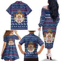 Serbia Christmas Family Matching Off The Shoulder Long Sleeve Dress and Hawaiian Shirt with Traditional Santa Eagle Serbian Coat of Arms and Blue Red White Folk Pattern Design - Wonder Print Shop