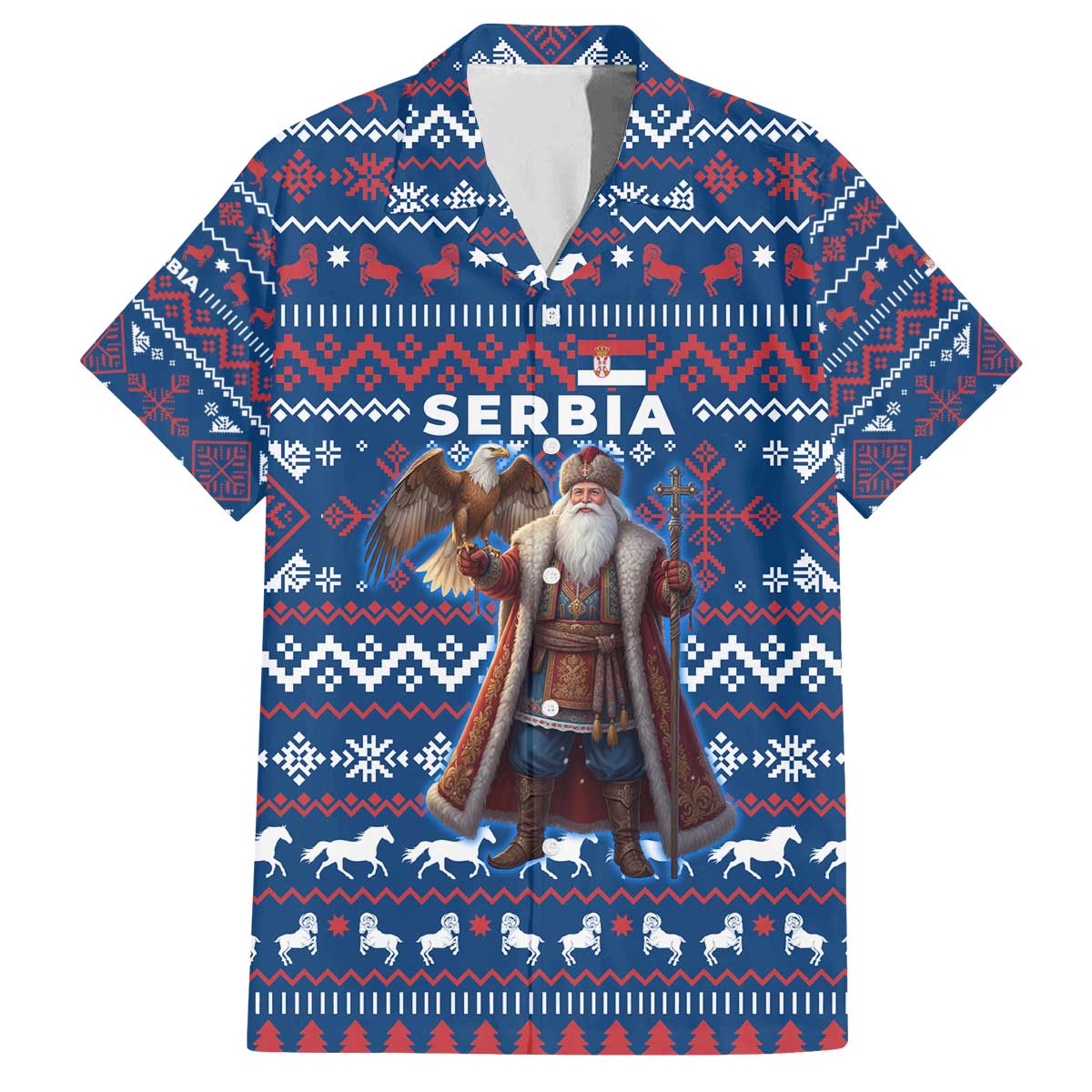 Serbia Christmas Family Matching Off The Shoulder Long Sleeve Dress and Hawaiian Shirt with Traditional Santa Eagle Serbian Coat of Arms and Blue Red White Folk Pattern Design - Wonder Print Shop