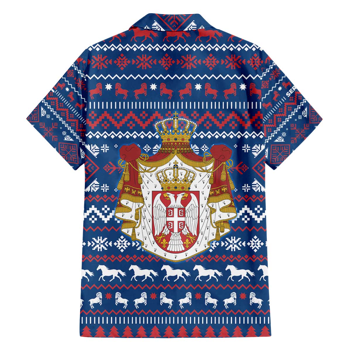 Serbia Christmas Family Matching Off The Shoulder Long Sleeve Dress and Hawaiian Shirt with Traditional Santa Eagle Serbian Coat of Arms and Blue Red White Folk Pattern Design - Wonder Print Shop