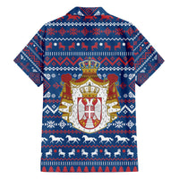 Serbia Christmas Family Matching Off The Shoulder Long Sleeve Dress and Hawaiian Shirt with Traditional Santa Eagle Serbian Coat of Arms and Blue Red White Folk Pattern Design - Wonder Print Shop