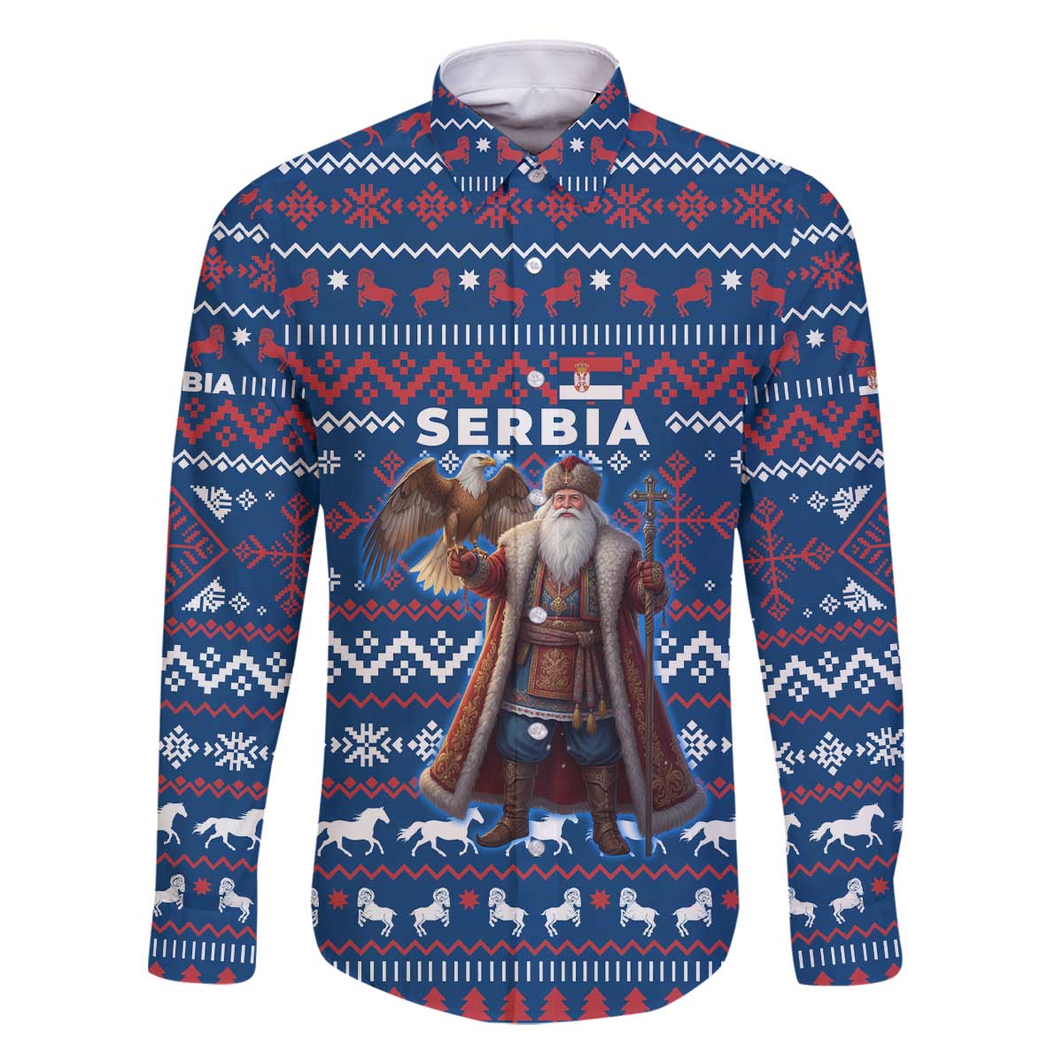 Serbia Christmas Family Matching Off The Shoulder Long Sleeve Dress and Hawaiian Shirt with Traditional Santa Eagle Serbian Coat of Arms and Blue Red White Folk Pattern Design - Wonder Print Shop