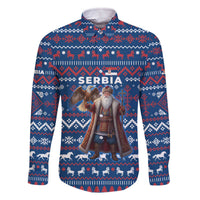 Serbia Christmas Family Matching Off The Shoulder Long Sleeve Dress and Hawaiian Shirt with Traditional Santa Eagle Serbian Coat of Arms and Blue Red White Folk Pattern Design - Wonder Print Shop