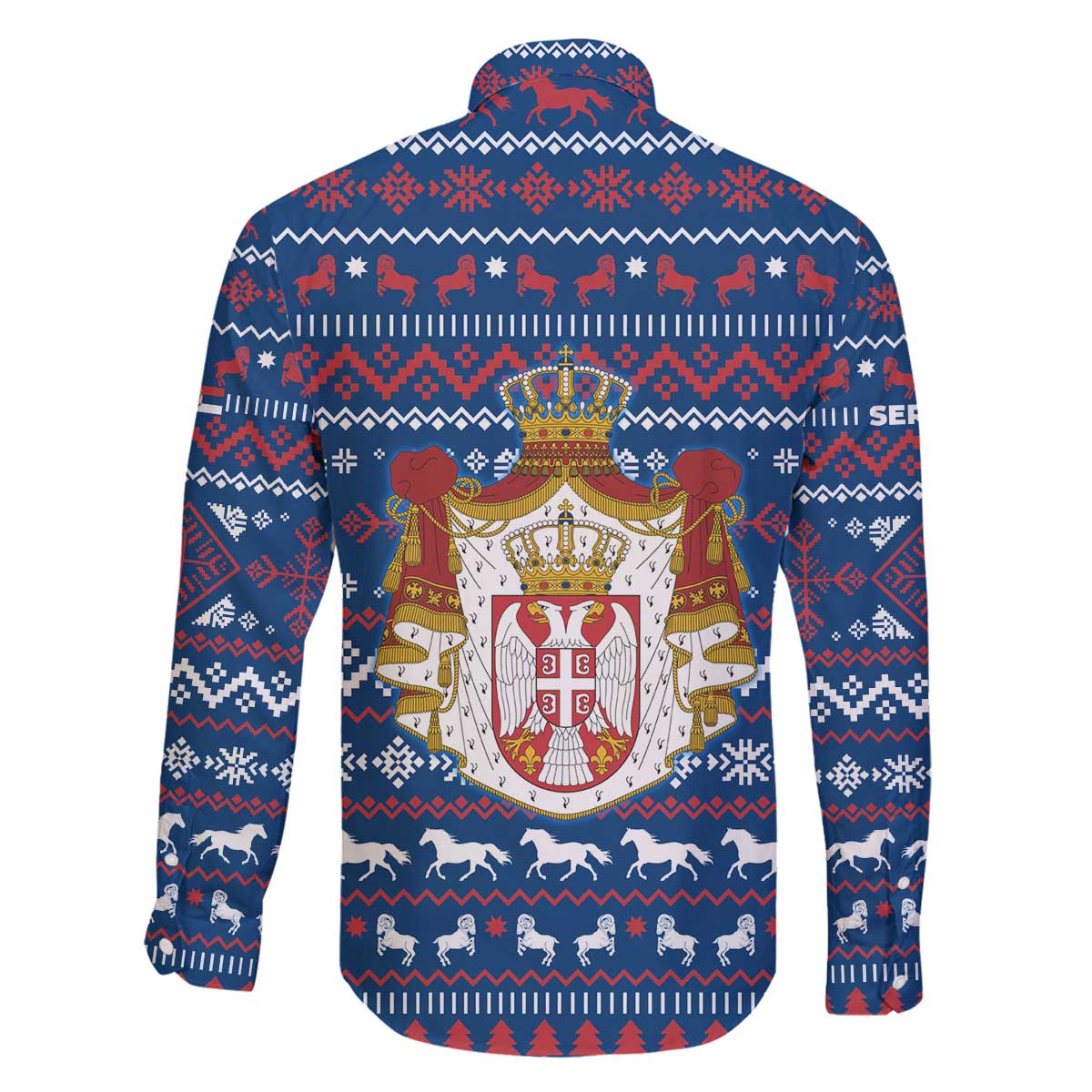 Serbia Christmas Family Matching Off The Shoulder Long Sleeve Dress and Hawaiian Shirt with Traditional Santa Eagle Serbian Coat of Arms and Blue Red White Folk Pattern Design - Wonder Print Shop