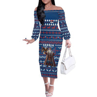 Serbia Christmas Family Matching Off The Shoulder Long Sleeve Dress and Hawaiian Shirt with Traditional Santa Eagle Serbian Coat of Arms and Blue Red White Folk Pattern Design - Wonder Print Shop