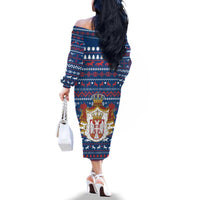 Serbia Christmas Family Matching Off The Shoulder Long Sleeve Dress and Hawaiian Shirt with Traditional Santa Eagle Serbian Coat of Arms and Blue Red White Folk Pattern Design - Wonder Print Shop
