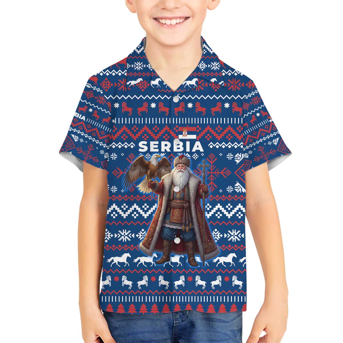 Serbia Christmas Family Matching Off The Shoulder Long Sleeve Dress and Hawaiian Shirt with Traditional Santa Eagle Serbian Coat of Arms and Blue Red White Folk Pattern Design - Wonder Print Shop