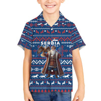 Serbia Christmas Family Matching Off The Shoulder Long Sleeve Dress and Hawaiian Shirt with Traditional Santa Eagle Serbian Coat of Arms and Blue Red White Folk Pattern Design - Wonder Print Shop