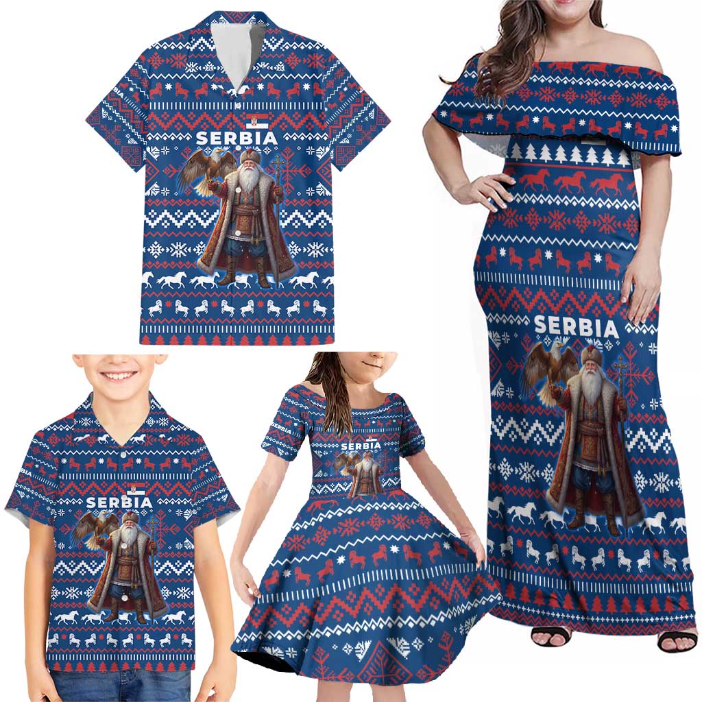 Serbia Christmas Family Matching Off Shoulder Maxi Dress and Hawaiian Shirt with Traditional Santa Eagle Serbian Coat of Arms and Blue Red White Folk Pattern Design - Wonder Print Shop