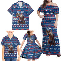 Serbia Christmas Family Matching Off Shoulder Maxi Dress and Hawaiian Shirt with Traditional Santa Eagle Serbian Coat of Arms and Blue Red White Folk Pattern Design - Wonder Print Shop
